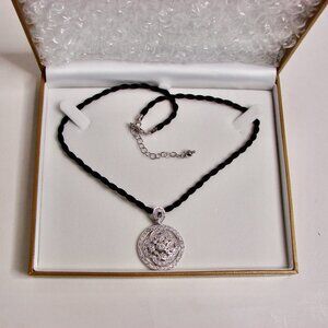Sterling Silver CZ Diamond Floral Heart Pendant Necklace Black Cord Marked 925
